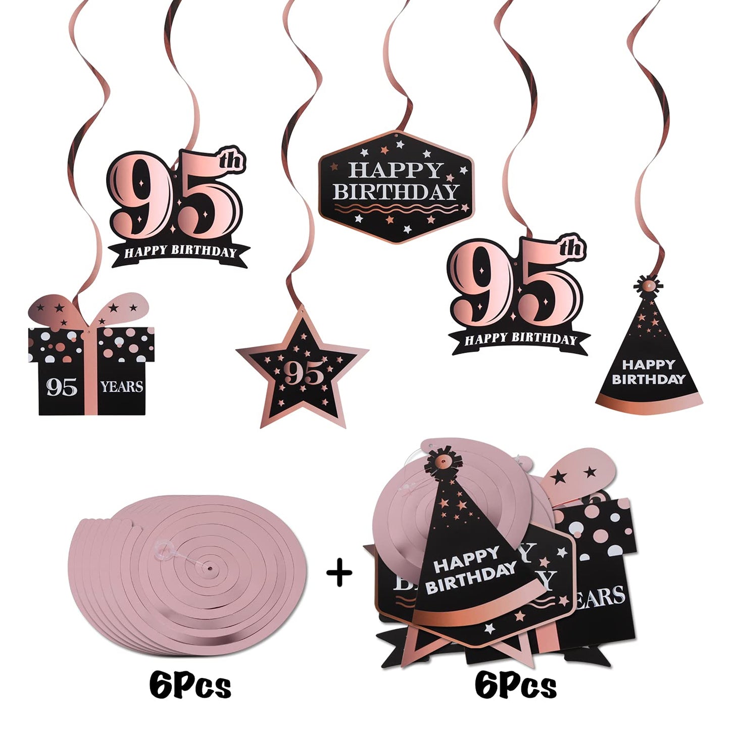 LINGTEER Happy 95th Birthday Rose Gold Swirls Streamers - Cheers to 95th Birthday 95 Years Old Bday Party Hanging Decorations.