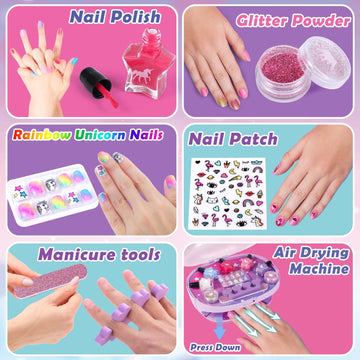 Golray Kids Nail Polish Set for Girls, All-in-One Nail Art Kit - Nail Dryer/ Nail Polish/ Glitter Powder/ False Nails/ Nail Deca