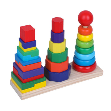 Pn Avan Wooden Toy Geometric Stacker Toy For Toddlers - 25 Colorful Shapes, Rings, Squares & Rectangles | Shape & Color For Kids