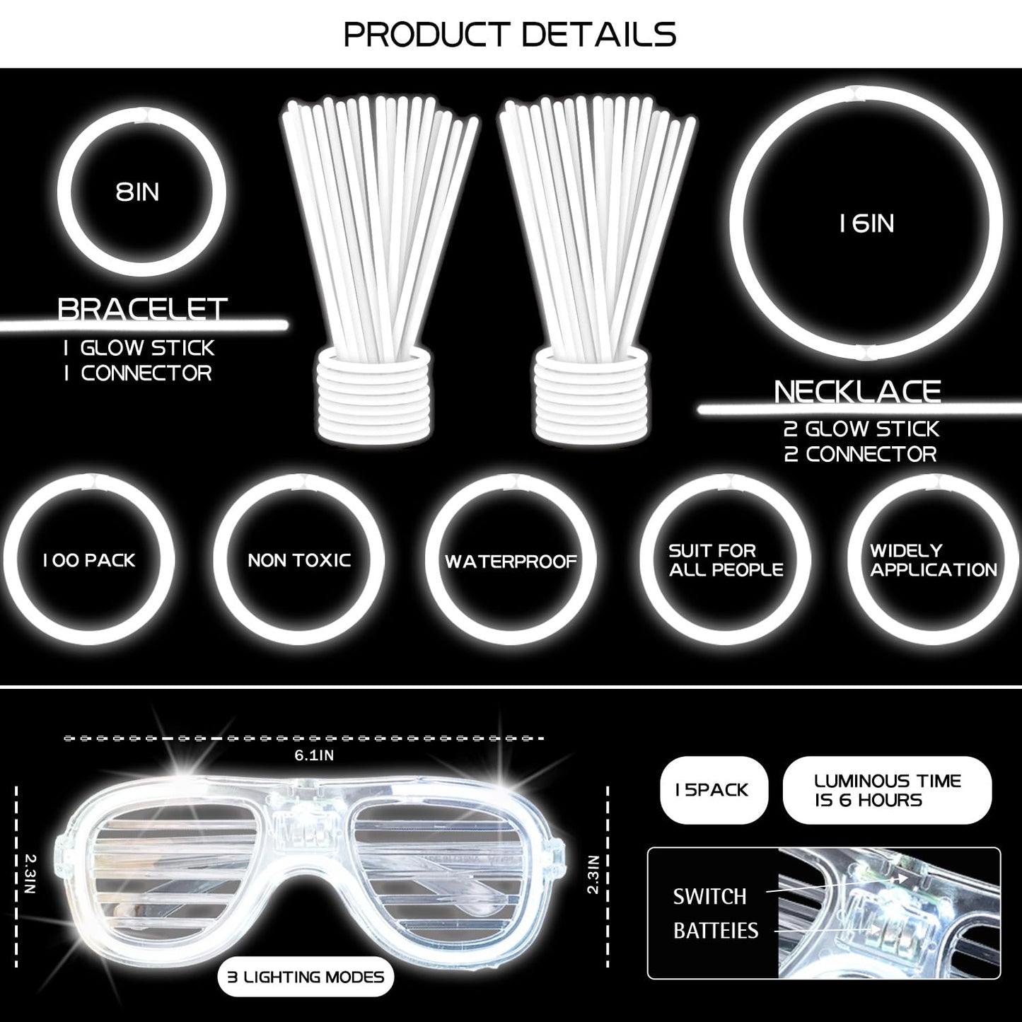 YOFOBU 115 PCS Glow in the Dark Party Supplies,100PCS 8    White Glow Sticks Necklaces Bracelets with Connectors,15Pack White LE