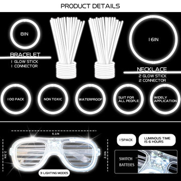 YOFOBU 115 PCS Glow in the Dark Party Supplies,100PCS 8    White Glow Sticks Necklaces Bracelets with Connectors,15Pack White LE