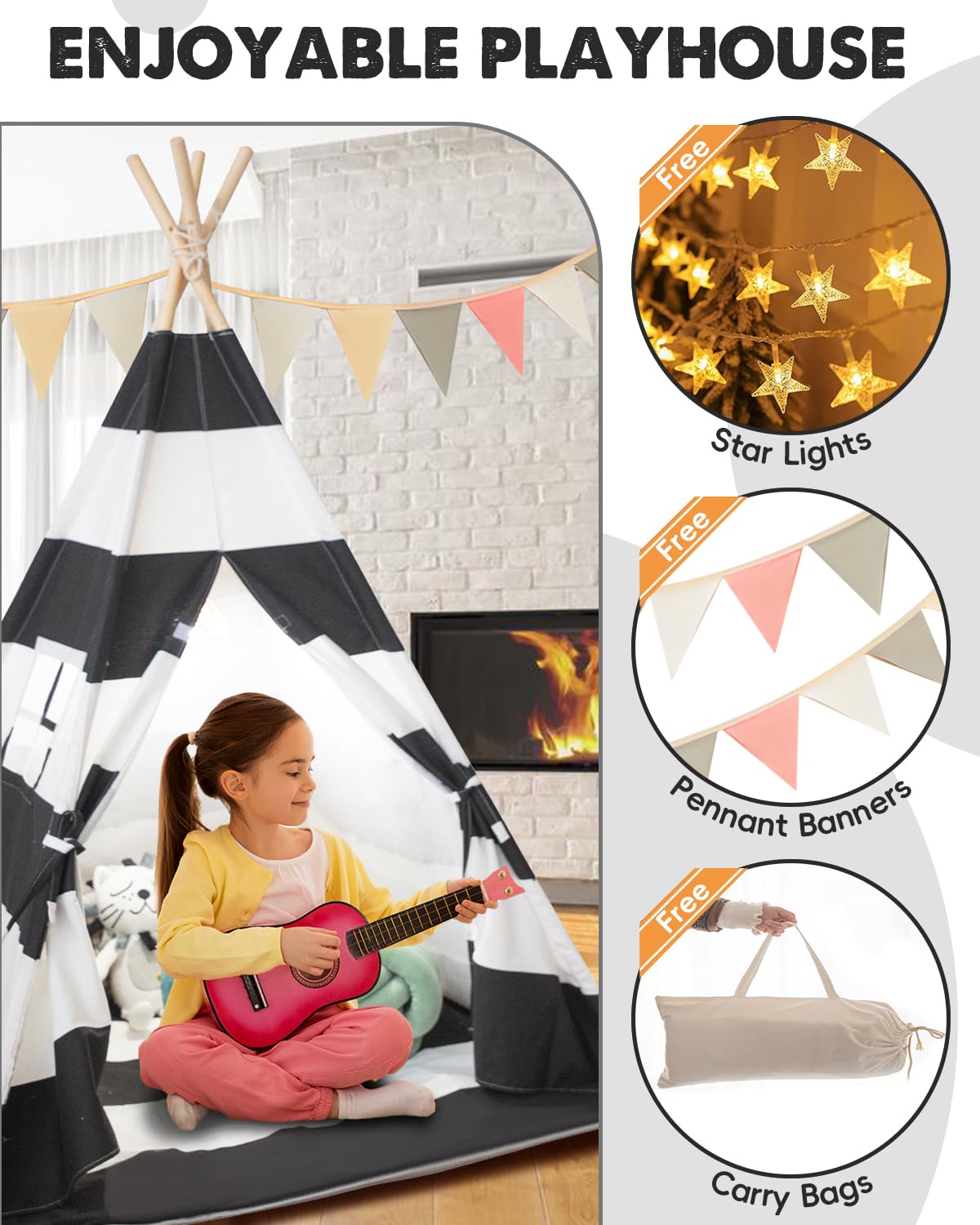 Teepee Tent For Kids, Xiaowantong Kids Teepee Tent With Padded Mat, Lights, Carry Bag, Natural Cotton Canvas Toddler Play Tent Indoor, Washable Foldable Teepee Tent For Girls & Boys Outdoor