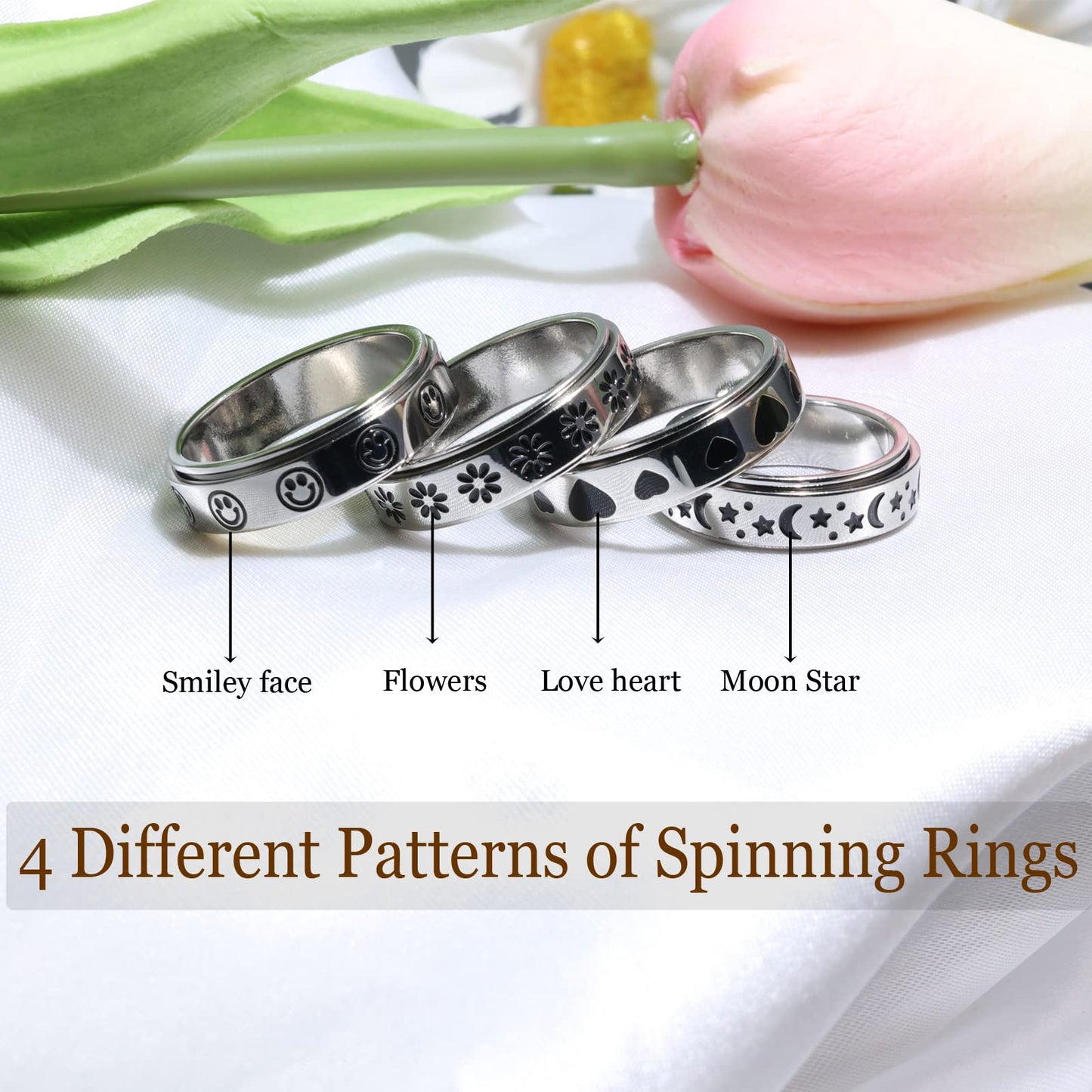 Luckyamor Spinner Ring, Fidget Anxiety Ring Stainless Steel Moon Star Ring For Women Men Size 6-10, 4 Uk, Non-Precious Metal, No