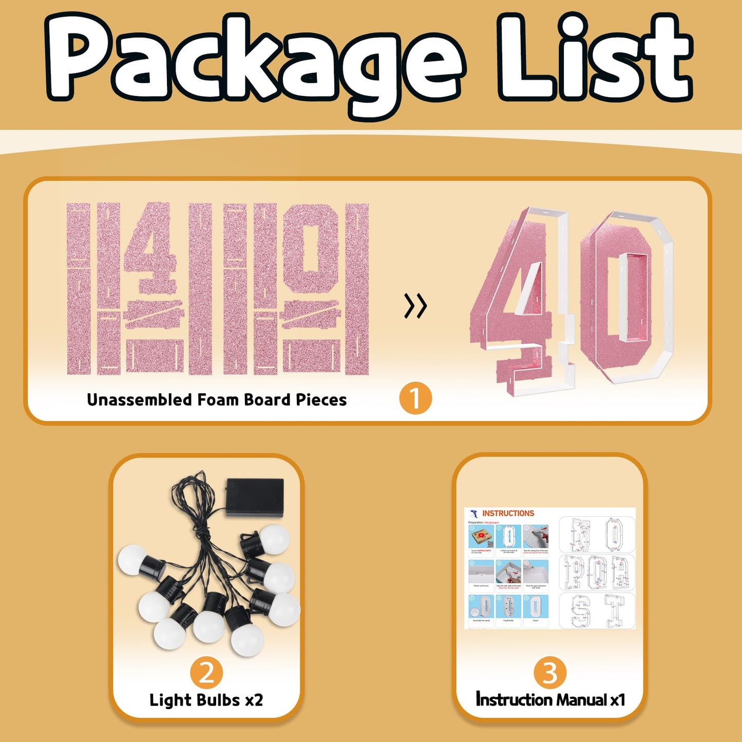 Imprsv 3Ft Rose-Gold 40Th-Birthday Decorations Numbers: 40Th Birthday Party Anniversary Decorations Large Light Up Numbers 40 Fo