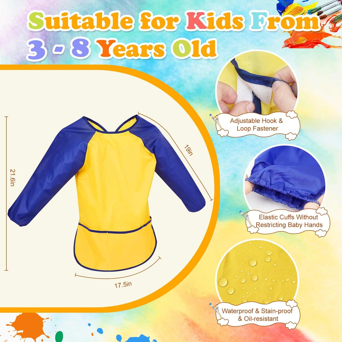 Tskcos Kids Toddlers Art Smock 2 Pack, Waterproof Kids Painting Apron with Long Sleeve & Pockets, Children Artist Smock for Kids