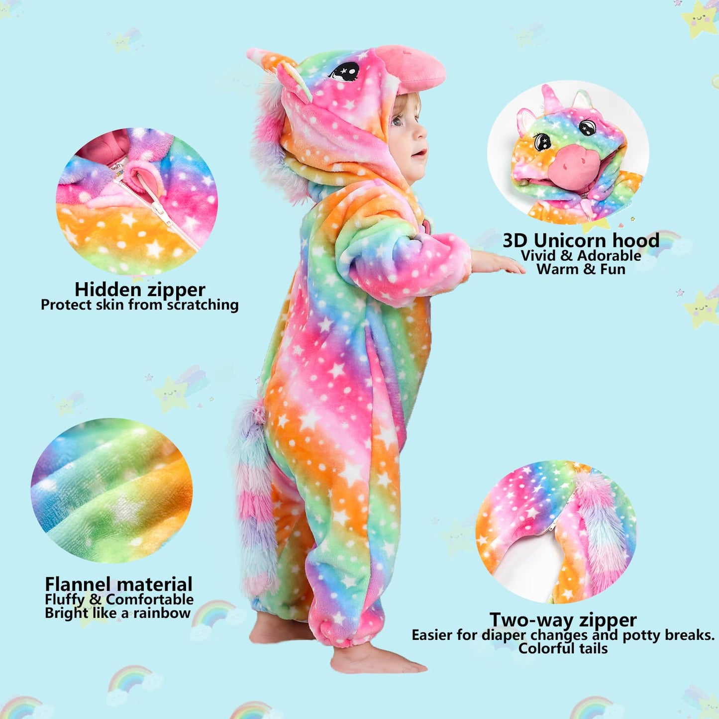 Lolanta Unicorn Costumes, Kids Halloween, Toddlers Fleece Hooded Jumpsuit, Cute Colorful Bodysuit, Christmas Fancy Dresses(Rainbow, 9-12Months)