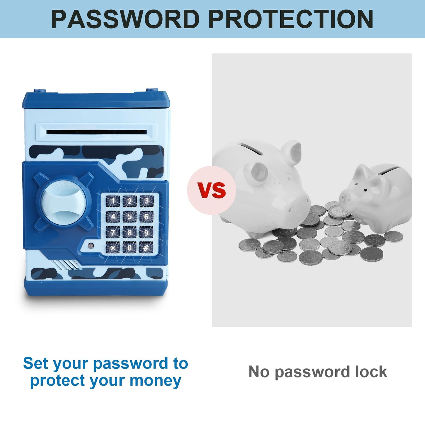 Pup Go Electronic ATM Piggy Bank for Kids Ages 3-12 Years Old  Pasdecorative replica blade Money Safe with Auto Cash Scroll  Fun Money Saving Box  Coin Bank  Best Birthday for Boys & Girls (Camo Blue)