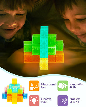 Gleamkid 54Pcs Magnetic Blocks Set, Glow In The Dark Children Construction Kit, Stem Construction Stacking Toy, Multi-Color Rain