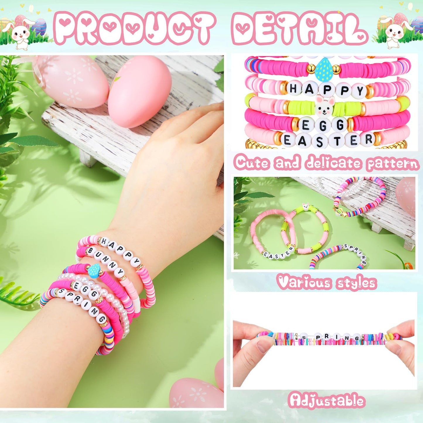 Landical 40 Pcs Happy Easter Bracelets For Women Colorful Stretch Egg Bunny Bracelets Easter Party Supplies