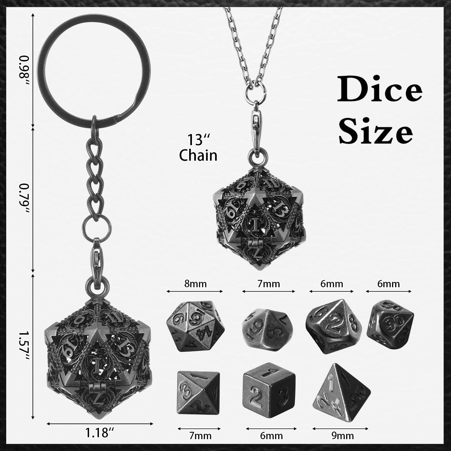 Syhood Mini Dice Set 7 Pcs Tiny Small Metal Dice Set Hollow D20 Necklace Dice Case Keychain Role Playing Table Games Portable Te