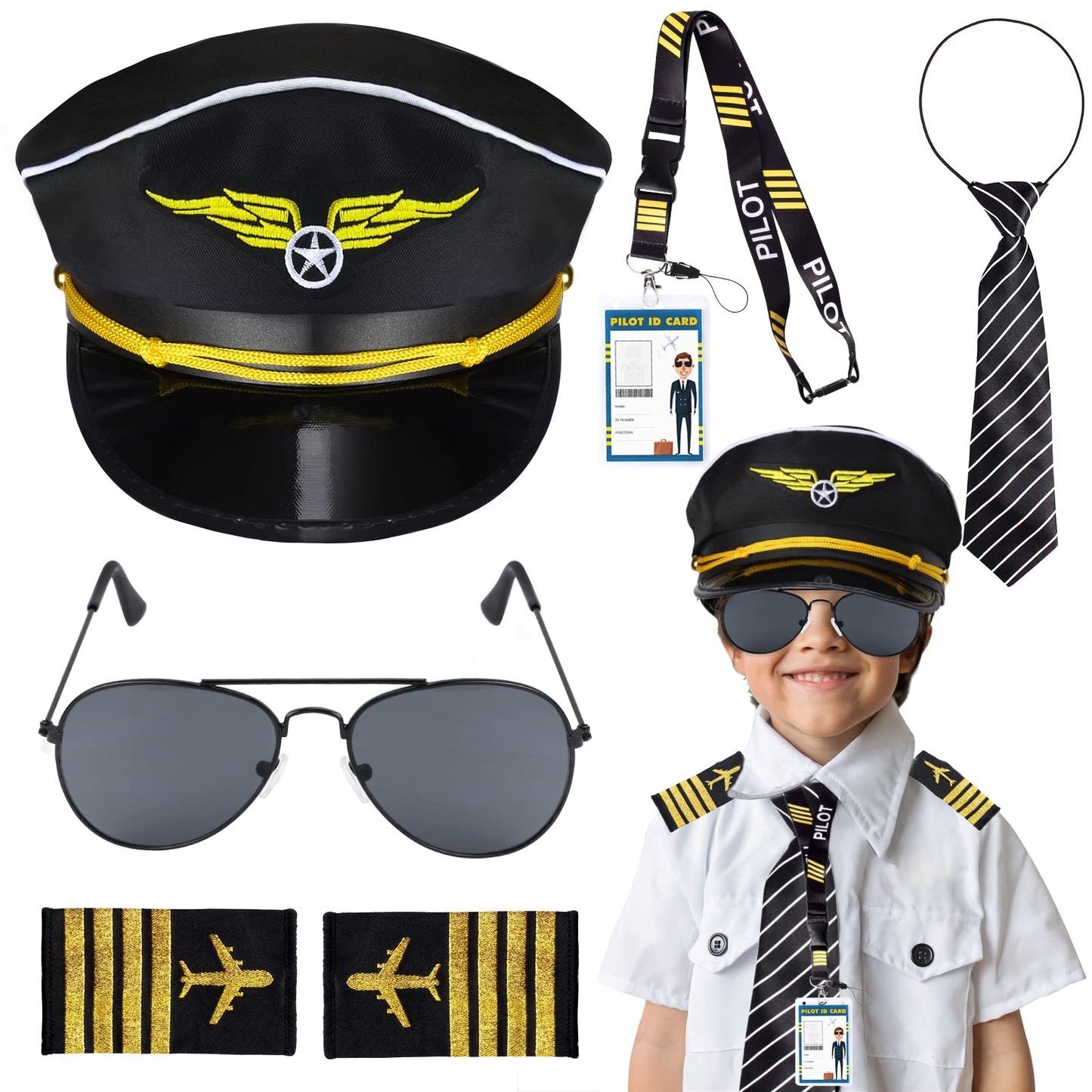 Keymall Kids Pilot Costume Accessories Set With Aviator Hat Sunglasses Tie Pin for Aviation Halloween Dress Up