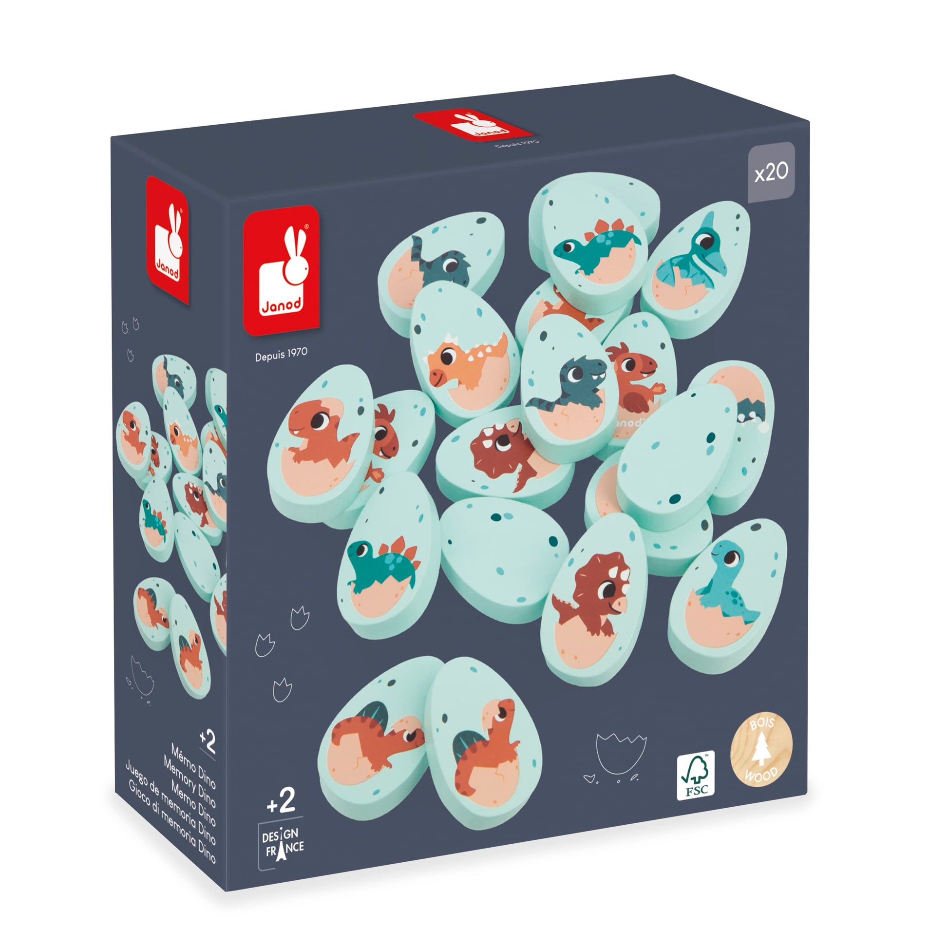 Janod Dino - Dinosaur Memory Game - 20 Wooden Dino Eggs With 10 Prehistoric Pairs - Cooperative Or Competitive Early Learning Game - Ages 2- 5 Years - J05826