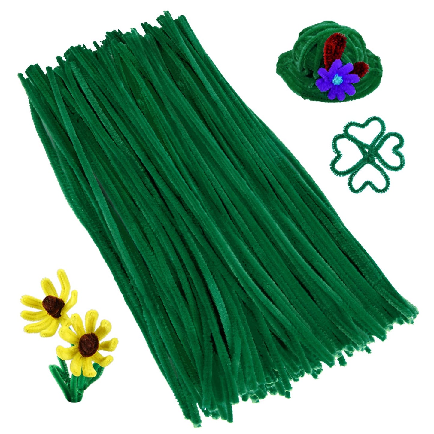 Caydo 300 Pieces Green Pipe Cleaners Craft Supplies Chenille Stems for DIY Craft Projects Christmas Decorations, 6mm x 12inch