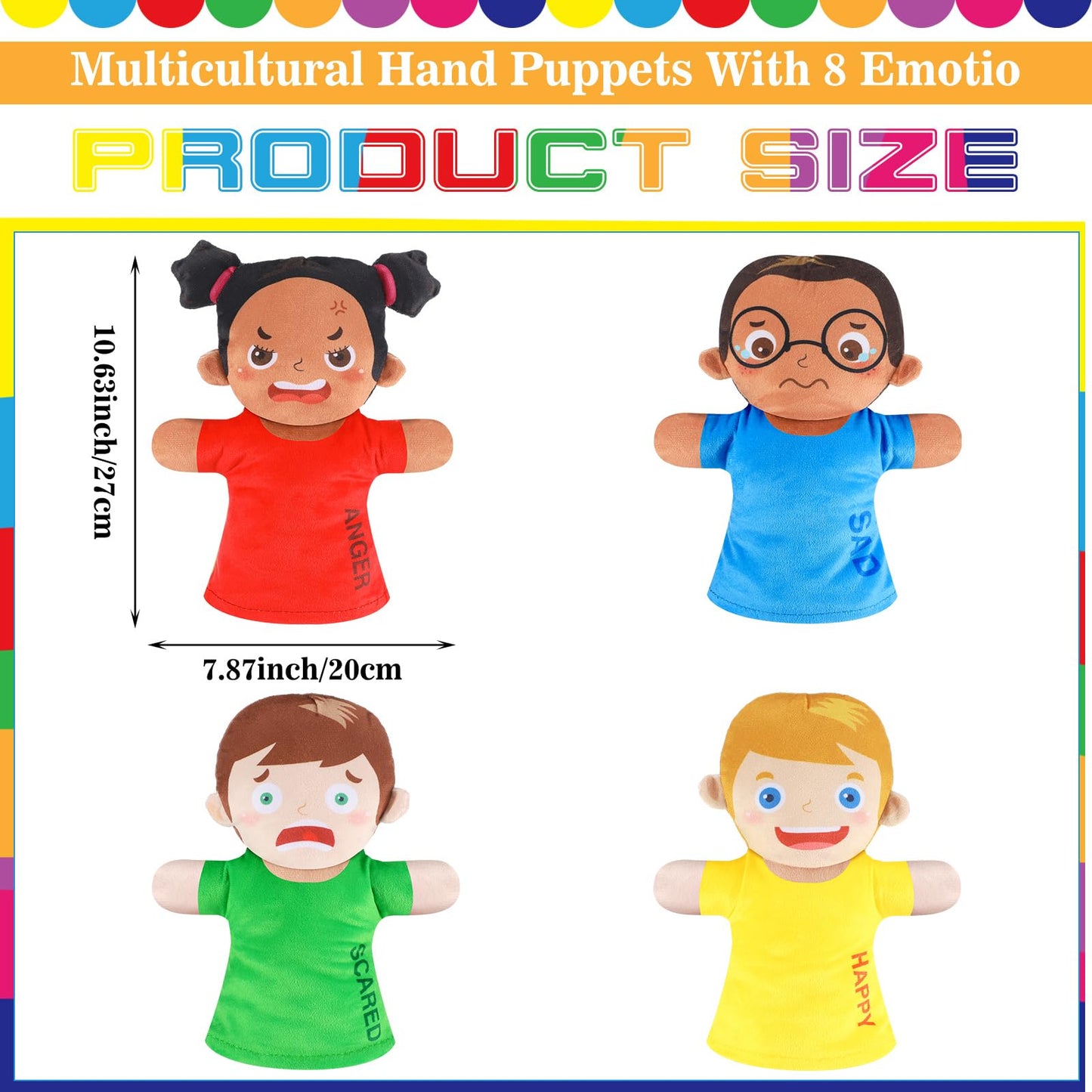 Gemscream 8 Pcs Feelings Hand Puppets with 8 Emotions Soft Plush Multicultural Puppets Ventriloquist Emotion Dolls for Social Em