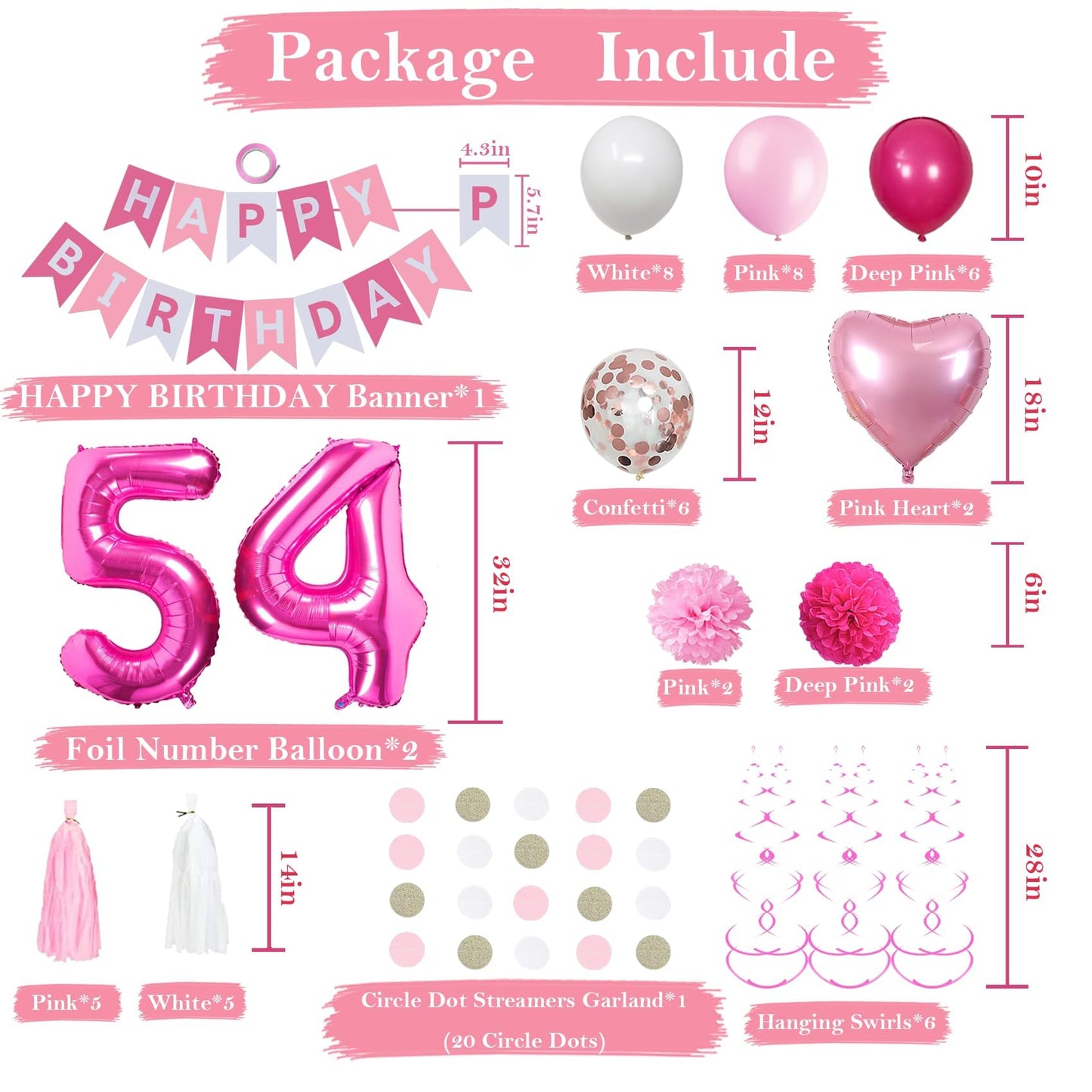 Sweet 54Th Birthday Decorations For Women, Pink And White 54 Happy Birthday Balloons,54Th Birthday Party Supplies Including Pink