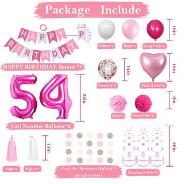 Sweet 54Th Birthday Decorations For Women, Pink And White 54 Happy Birthday Balloons,54Th Birthday Party Supplies Including Pink