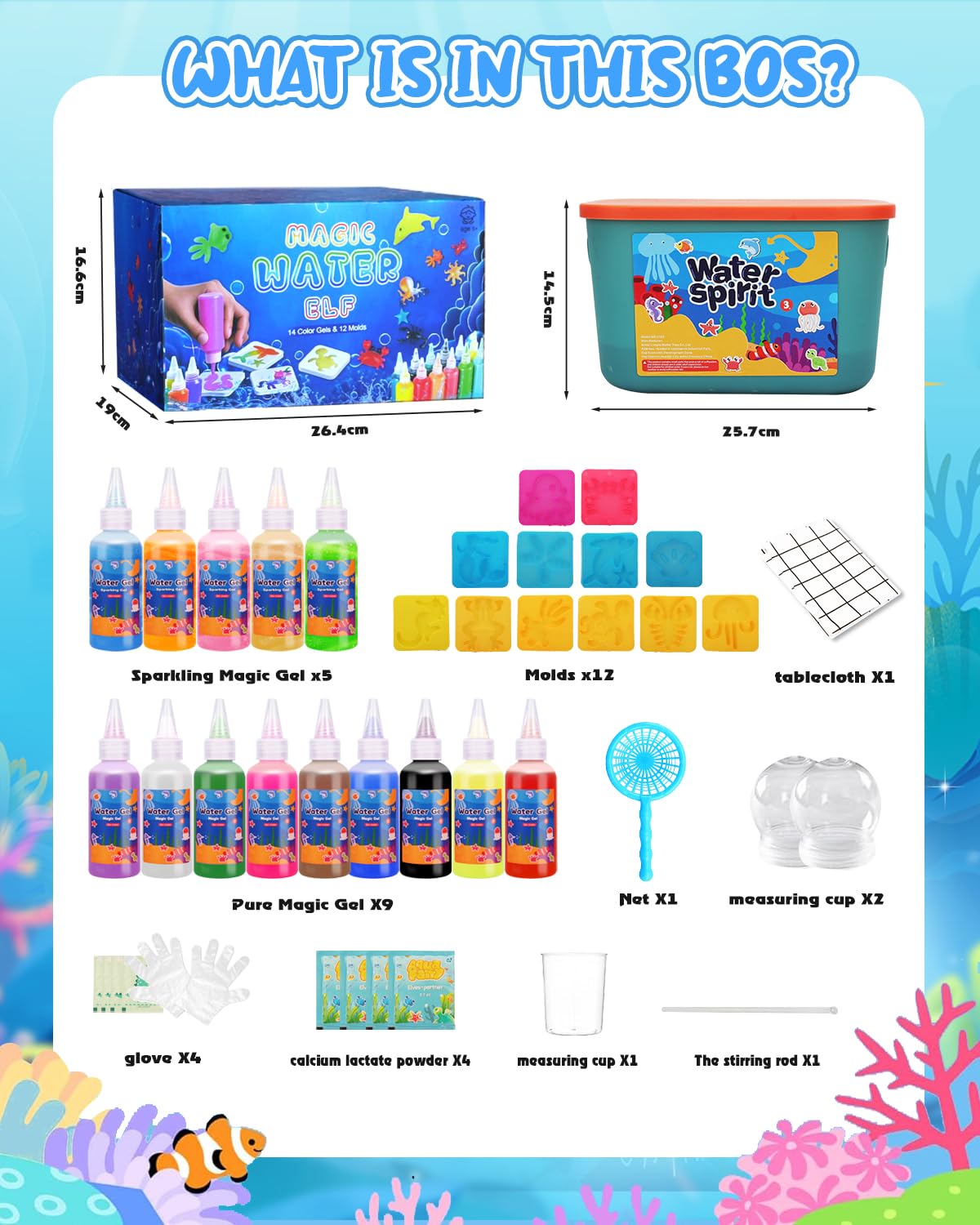 Magic Water Elf Toy Kit with Tablecloth - Aqua Fairy Water Gel Kit for Kids 14 Magic Gels + 12 Molds Create Squishy Water Pets C