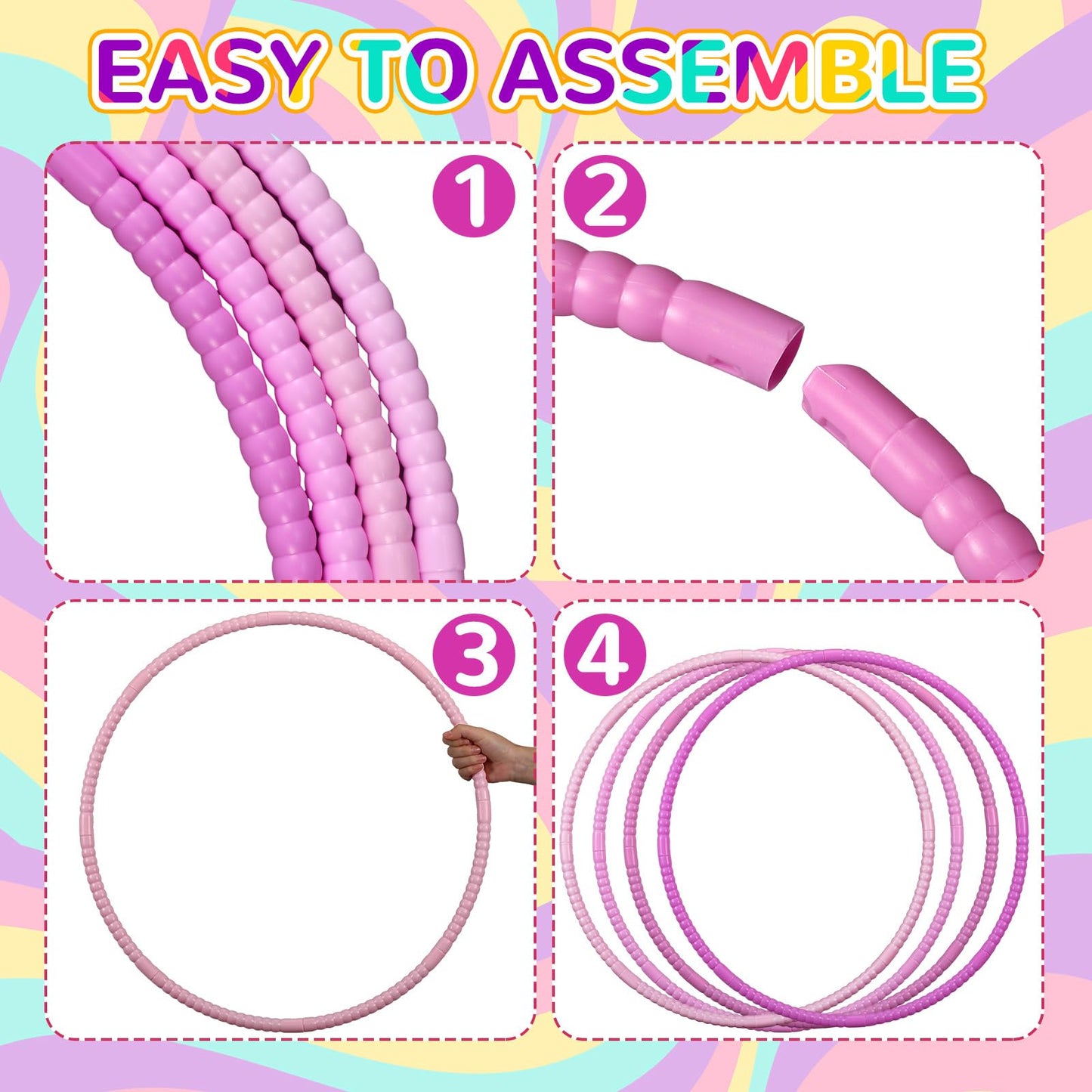 Syhood 12 Pcs Toy Color Hoop Plastic Detachable Adjustable Hoop Light Weight Exercise Fitness Equipment Toy Waist Ring for mature-themed Party  3 Sizes (Gradient Pink)