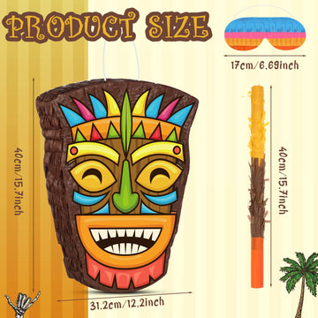 Threan Small Tiki Piñata Tropical Hawaii Piñata With Blindfold Bat Aloha Luau Piñata For Hawaiian Luau Themed Party Decoration Summer Birthday Party Supplies, 15.7 X 3.1 X 12.2 Inch