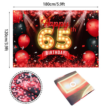Happy 65Th Birthday Banner Backdrop Red And Black 65 Years Old Background Bday Decorations For Women Men Photography Party Supplies Glitter