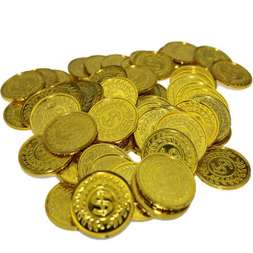 100Pcs Plastic Play Coins Gold Pirate Treasure Hunt Coins Toys For Kids Party Theme Props Decoration,Party Favor,Lucky Draw Game