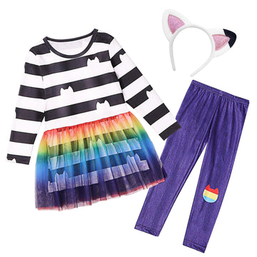 Shelovesit Rainbow Cat Birthday Outfit For Girls, Rainbow Tutu Dress Up Halloween Costume Party (120Cm/5T-6T)