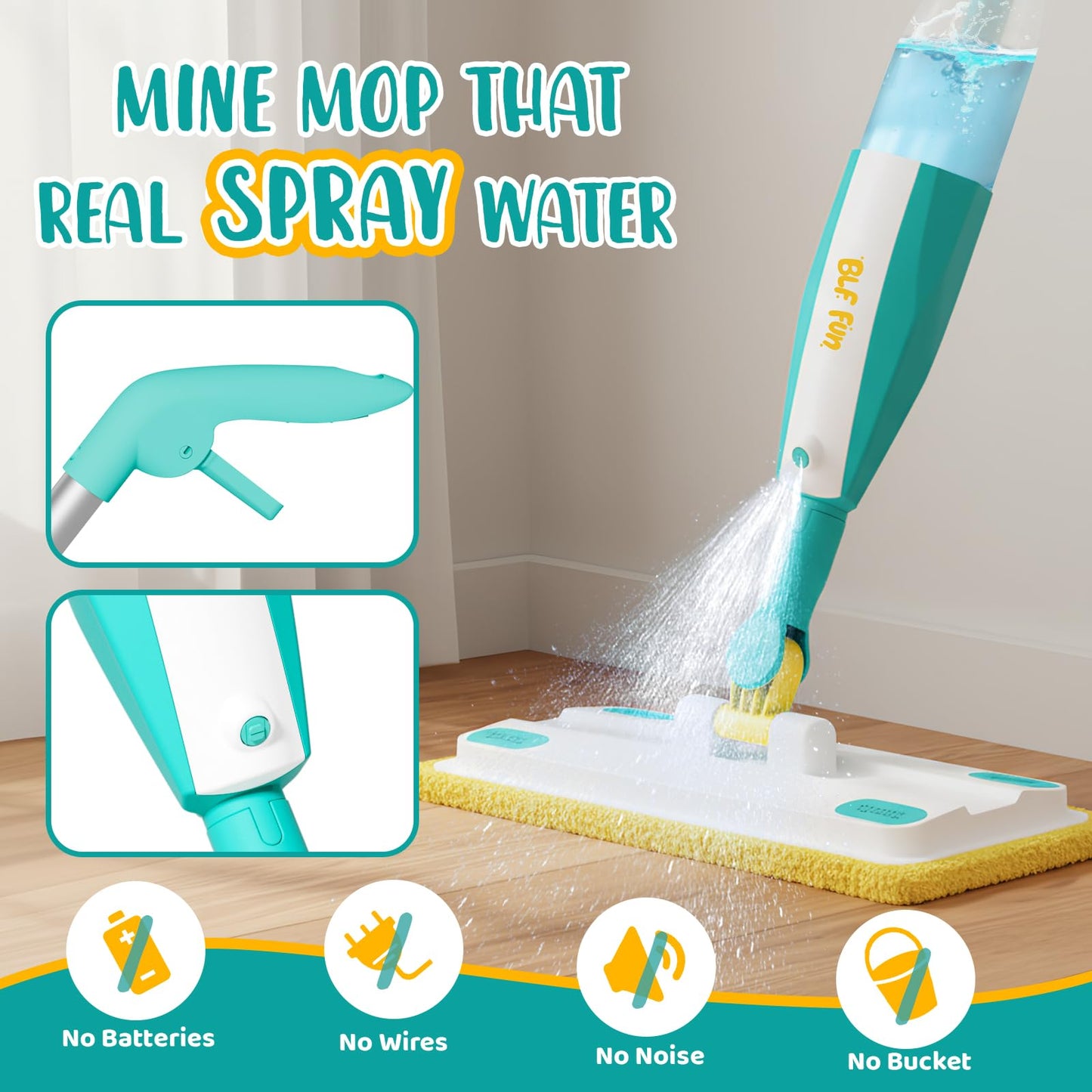 BLF FUN Spray Mop for Kids - Real Water Sprayer Cleaning Set, Montessori Toy for Ages 3-6, Green, Model PTD06-2L-1
