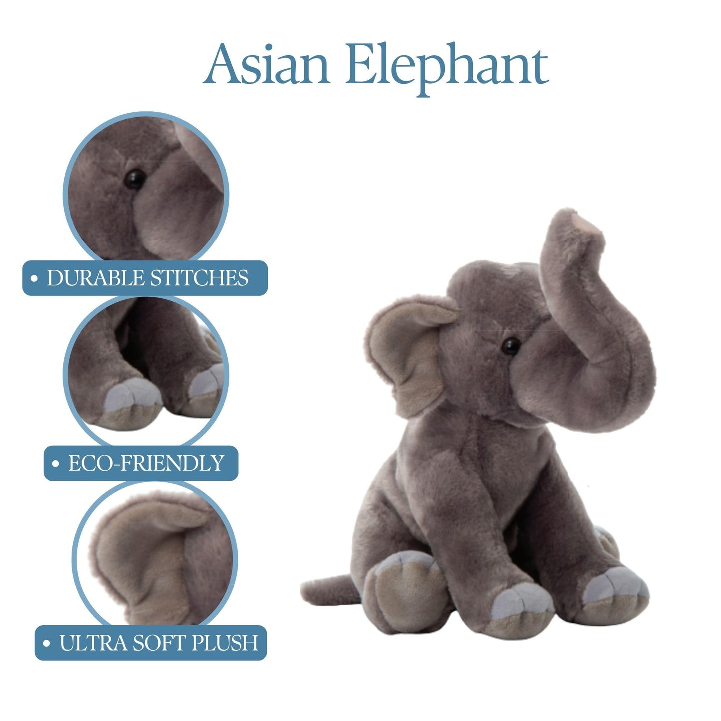 The Petting Zoo Asian Elephant Stuffed Animal, Gifts for Kids, Wild Onez Zoo Animals, Asian Elephant Plush Toy 12 inches