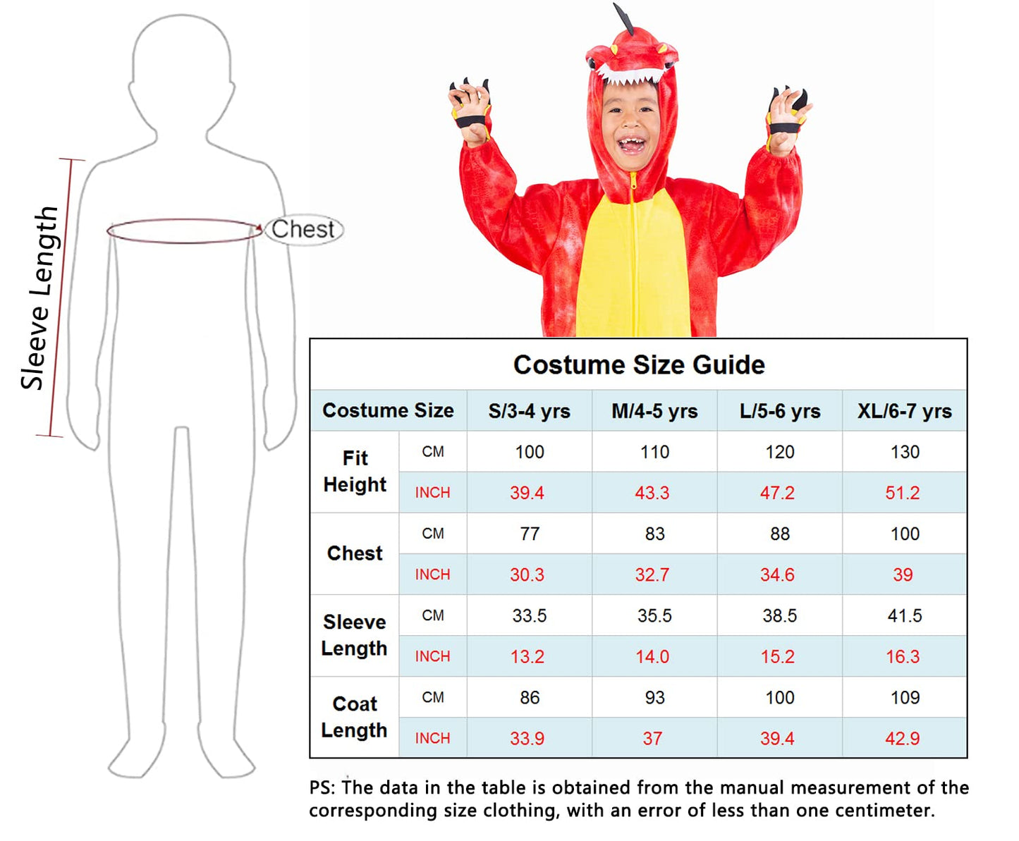 Dearsun Child'S T-Rex Dinosaur Costume Dinosaur Costume For Kids Fancy Dress Costume Hooded Romper Jumpsuit (Xs/90, Red)