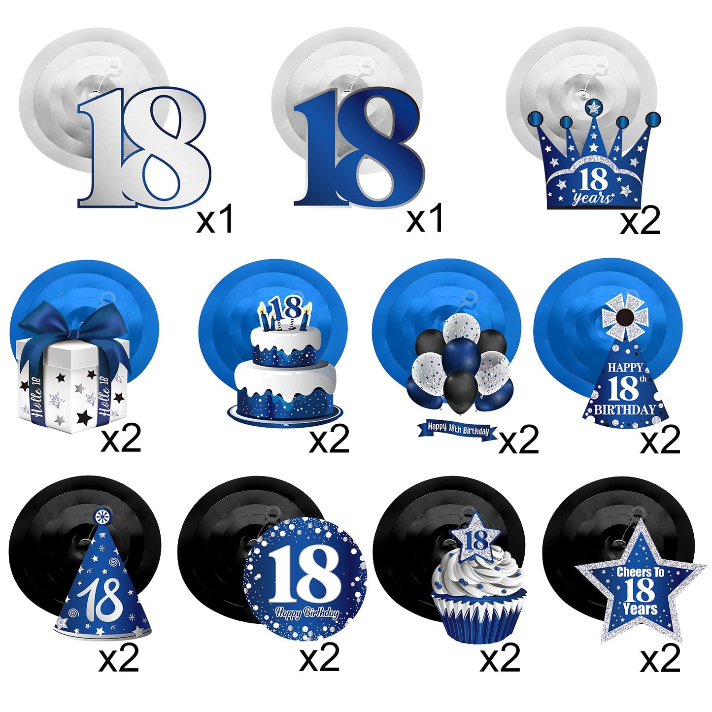 30 Pieces Happy 18th Birthday Party Hanging Swirls Decorations, Navy Blue Silver Black 18th Birthday Foil Swirls Ceiling Decor f