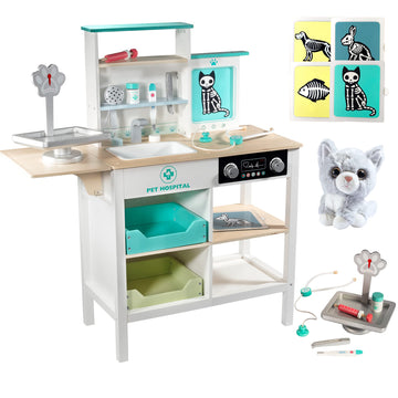 Vet Center Pretend Pet Hospital Playset - Wooden Animal Interactive Medical Checkup Set With Toy Cat, X-Ray Cards, Stethoscope &