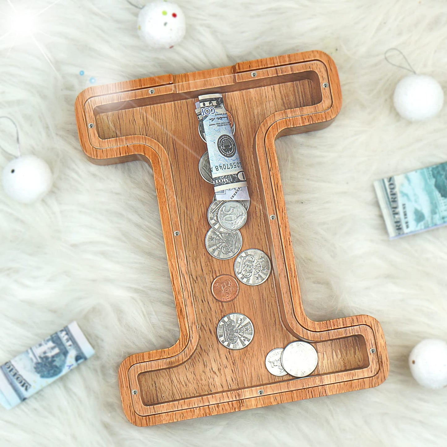 Piggy Bank For Kids Boys Girls, Large Personalized Wooden Letter Piggy Bank With Cut-Out Design, Alphabet Letter Coin Banks, Money Savings Box, Wooden Bank For Kids Creative Gift For Real-Money(I)