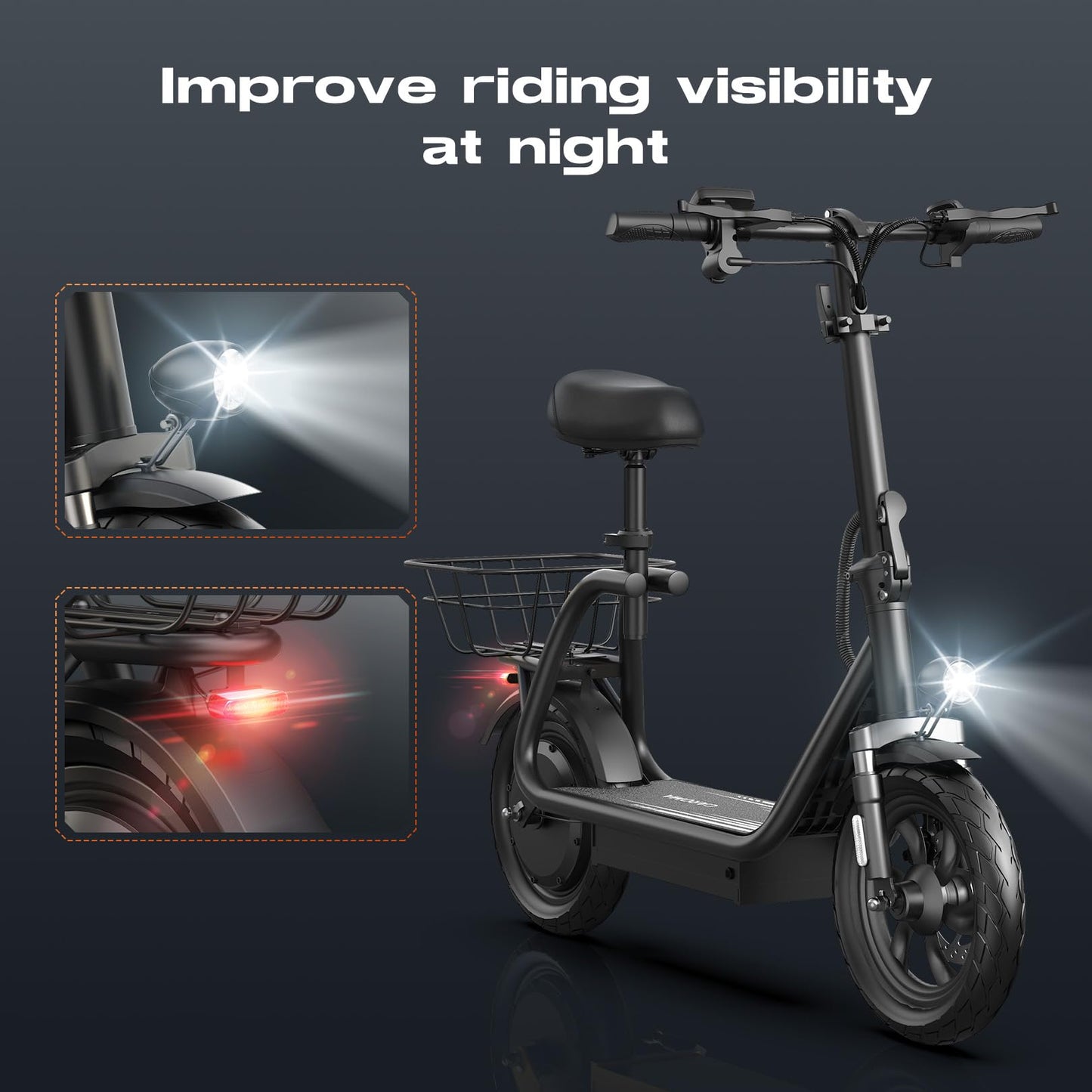 Caroma Peak 1200W Electric Scooter with Seat 30 Miles Range 20Mph Max Speed 12 Tire Foldable Electric Scooter for mature-themed 265lb Max Load(Black)