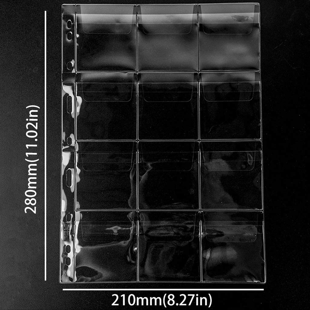 Coin Pocket Pages - Standard 9-Hole Coin Pocket Inserts Collecting Sleeves for Coins 10 Sheets CS03 Series (12 Pocket(63mm X 67m