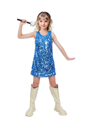 Sinkawa Jackets Girls Sequin Dress Sparkly Sleeveless Costume Prom Concert Party Outfit With Glitter Microphone Prop-Small Blue