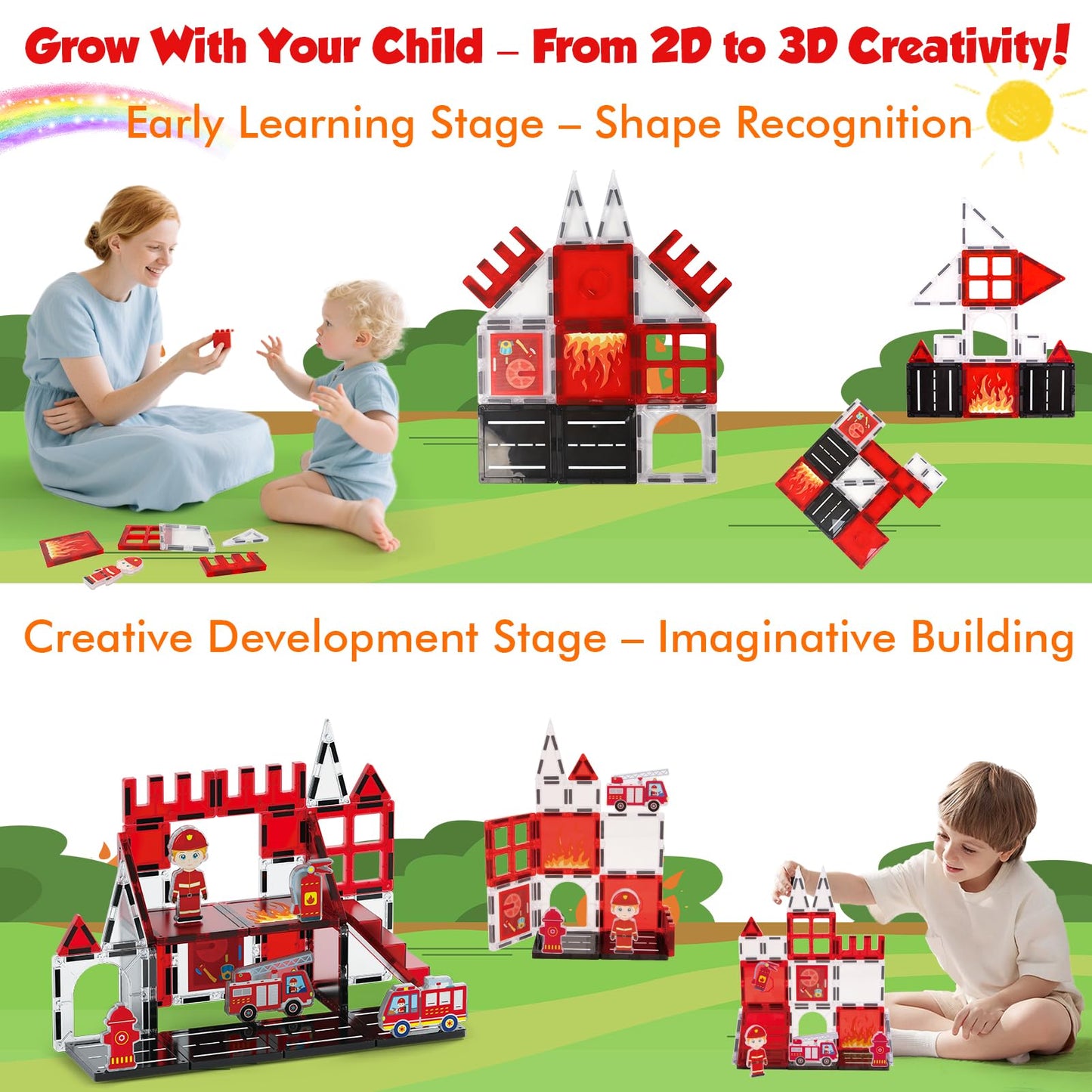 Xiapia Magnetic Tiles Firefighter Theme, Magnetic Tiles For Kids Ages 4-8, Fire Station Magnetiles For Kids 3-5, Travel Magnet B