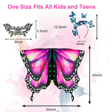 Rektak Butterfly Wings For Girls, Butterfly Costume For Halloween Party Kids Fairy Wing With Mask And Headband(Red)
