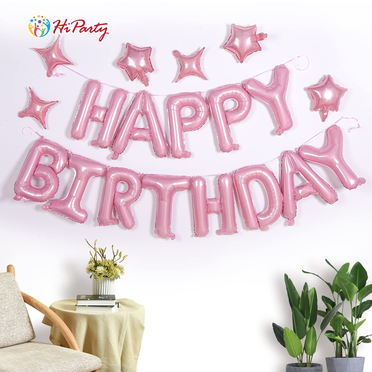 Pink Birthday Banner, 3D Mylar Foil Happy Birthday Balloons, 24Pcs Birthday Party Decorations With 6Pcs Star Balloons For Kids G