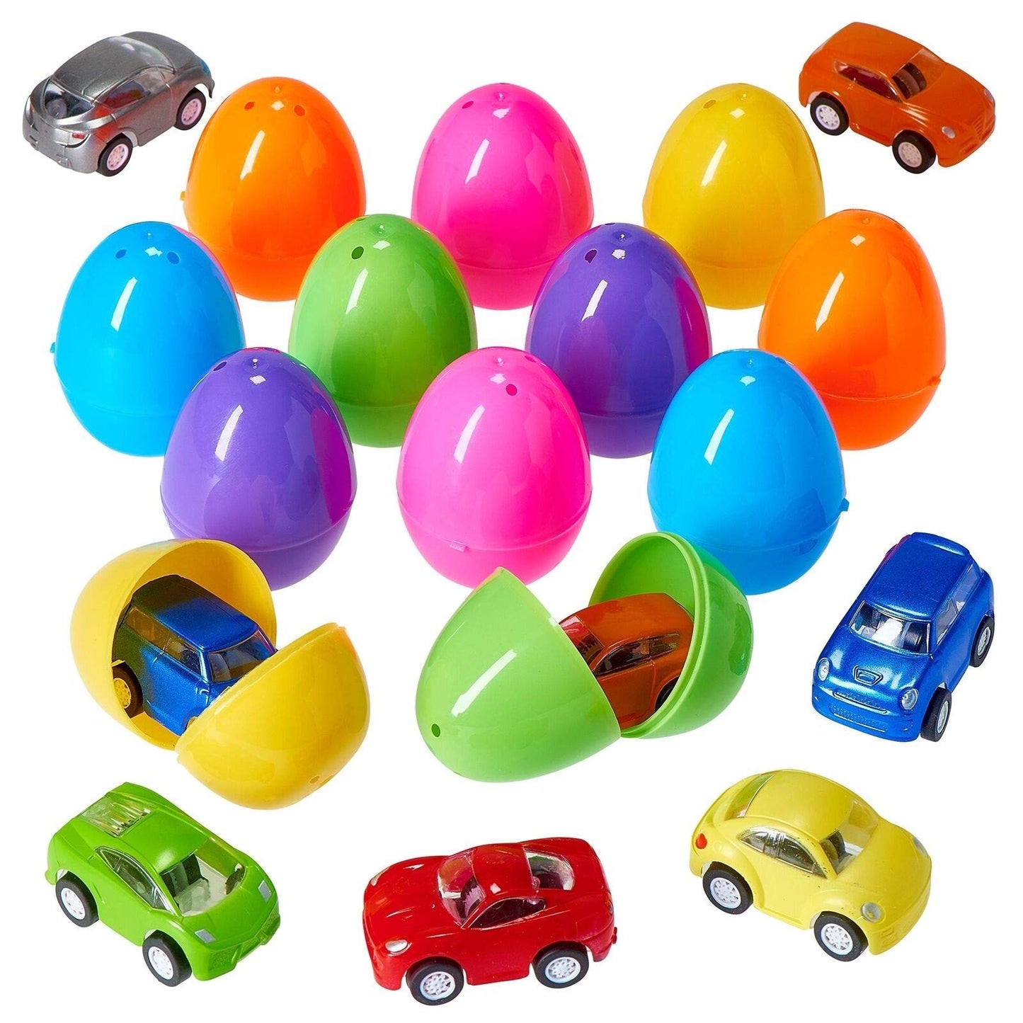 Prextex Stuffed Easter Eggs Toy With Mini Pull-Back Toy Car Inside | Plastic Easter Gifts/Presents For Girls, Boys, Kids, Toddlers | Easter Toys Basket Stuffers/Fillers