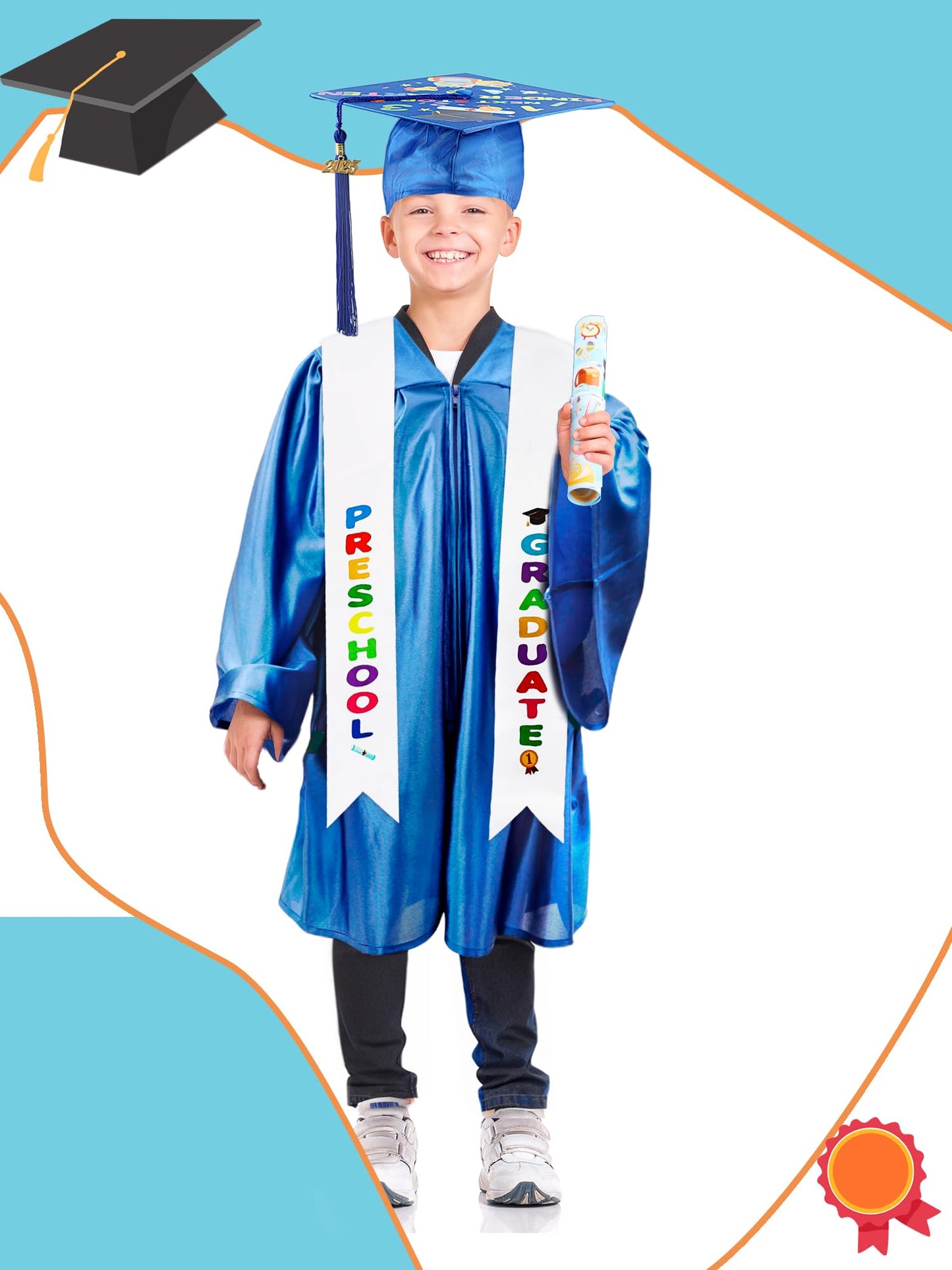 Preschool Graduation Gown And Cap With Tassel Printed Graduation Stoles Certificate Shiny Graduation Gown For Kindergarten (Pink