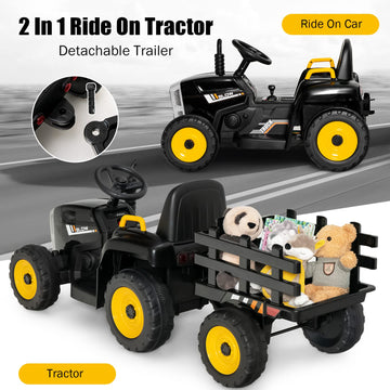Costzon Ride On Tractor W/Detachable Trailer, 12V Kids' Electric Vehicles W/ 3-Gear-Shift Ground Loader, Wireless Design & Usb, 7 Led Headlights, Remote Control Tractor Toy For Kids 3+ (Black)