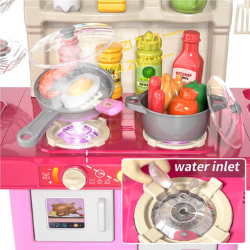 Toddler Kids Kitchen Playset, Play Kitchen Set with Sounds and Lights for Toddlers Kids 3-5 6-8, Pretend Food Toy Kitchens Chris