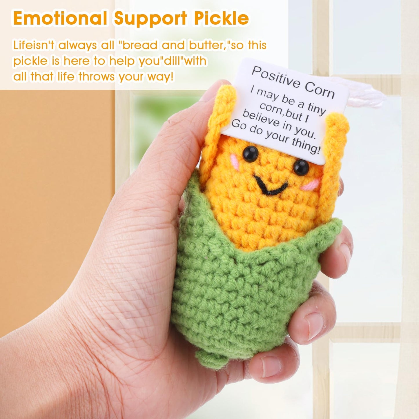 Grevosea Mini Funny Positive Corn, 3 Inch Positive Corn Crochet With Wood Base Cute Wool Funny Knitted Positive Corn Doll Cheer Up Gifts For New Year Birthday Friends Party Decoration Encouragement