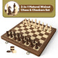 Premium Natural Walnut 15'' Magnetic Wooden Folding Chess & Checkers Set- 2 In 1 Board Game With 3'' King Staunton Pieces And 2