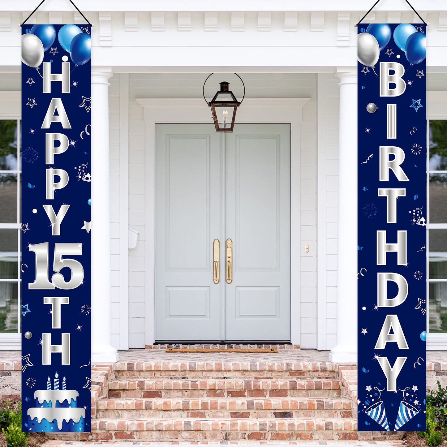 Turypaty Blue Silver 15Th Birthday Door Banner Decorations, Happy 15 Birthday Party Porch Sign Supplies For Boys, Sweet 15 Year