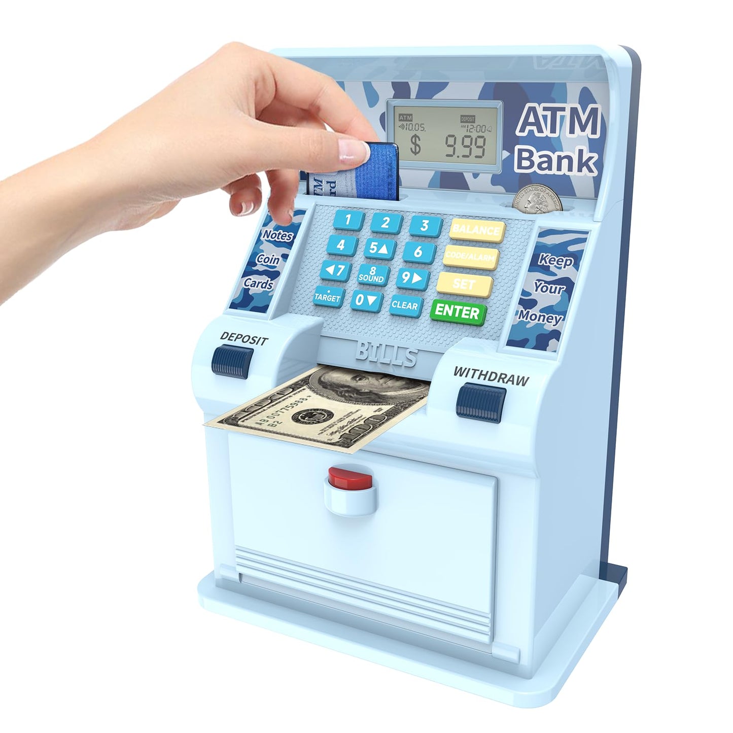 Electronic Piggy Bank For Kids Large Size Upgrade, Kids Banks For Real Money, Cash Coin Can Atm Bank, Toys For Ages 6-13 Piggy Bank,Christmas Idea Gifts (Blue Camo, Large)