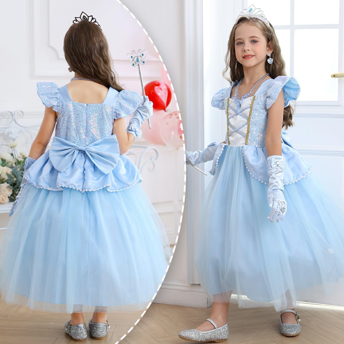 Luzlen Cinderella Costume For Girls Kids Blue Princess Dress With Accessories Halloween Birthday Party Outfits, 7-8Y(Tag 150)