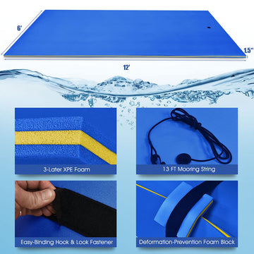 Gymax Floating Water Mat, 12' X 6' Foam Water Floating Pad With Safe Bungee Tether And Storage Straps, 3-Layer Xpe Foam Floating