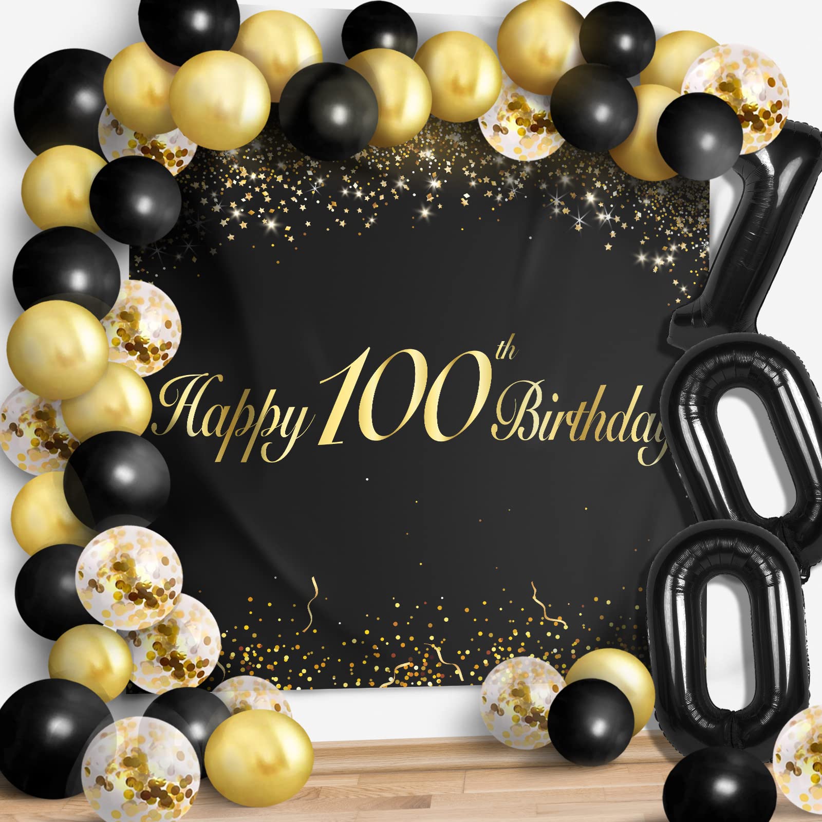 Happy 100Th Birthday Balloons Black Set Decor - Cheers To 100 Years Old Party Theme Garland Banner Backdrop Decorations For Wome