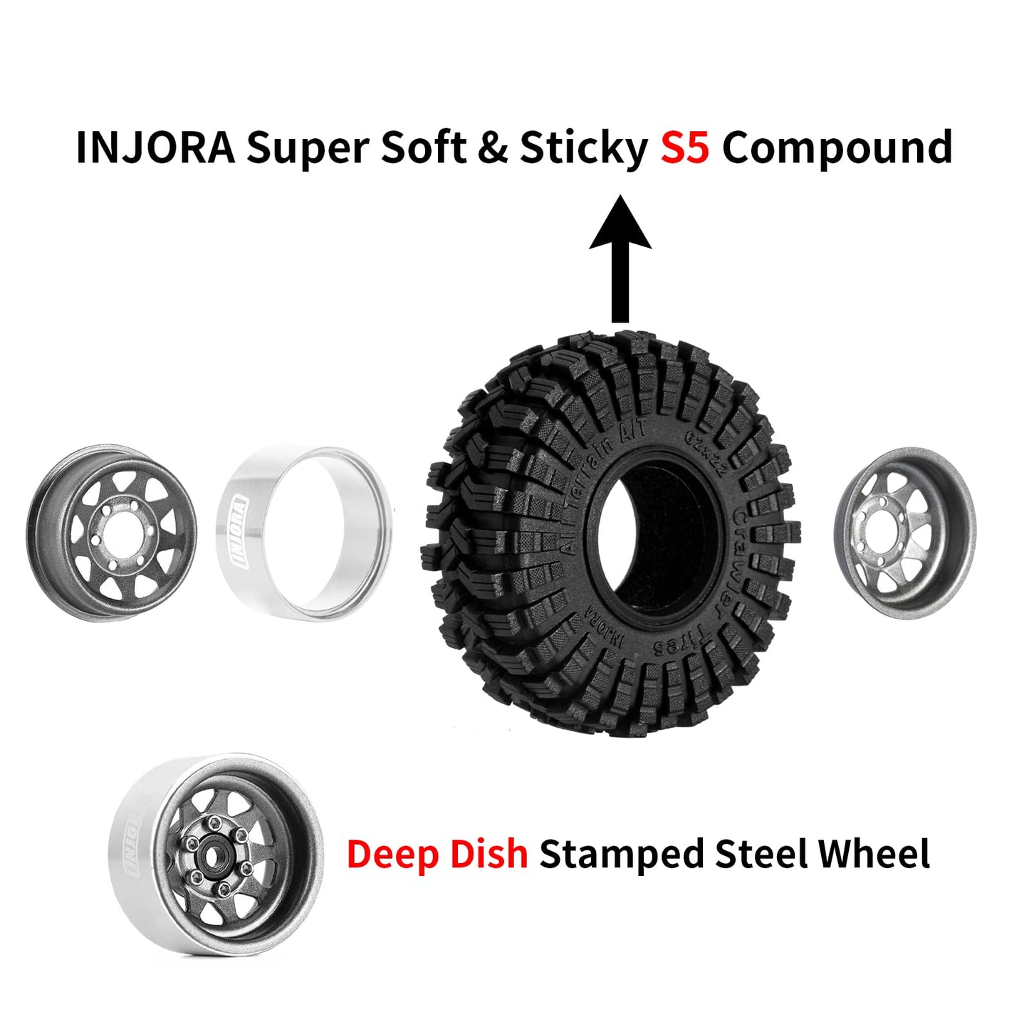 INJORA 1.0 Beadlock Wheel Tires Set -3.78mm Offset Wheel Rims for 1/18 1/24 RC Crawler Car Axial AX24 SCX24 FMS FCX24 TRX4M,Grey
